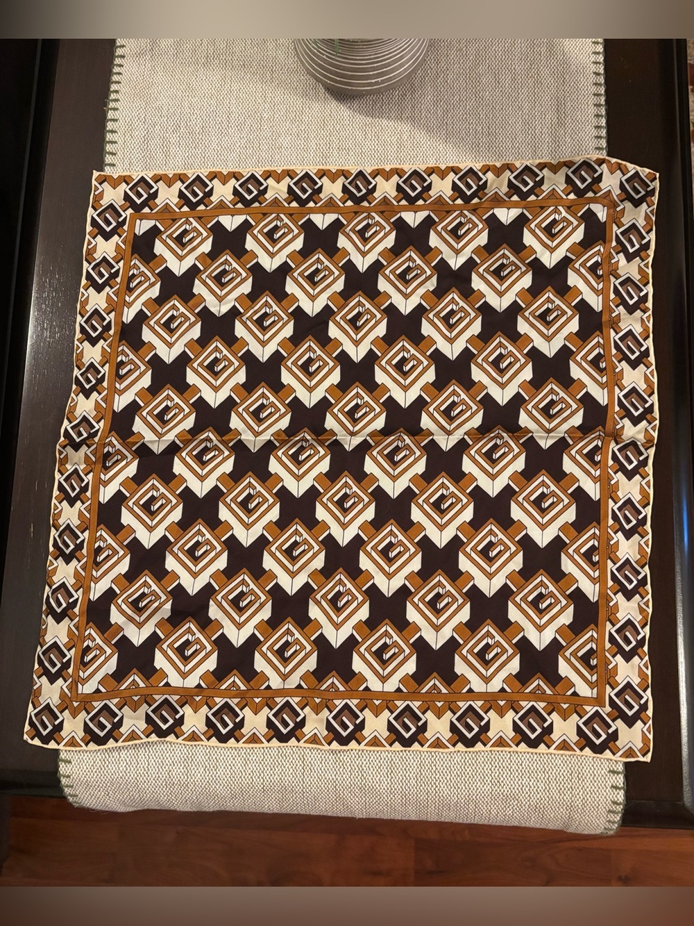 Gucci Brown, Cream & Gold Geometric Silk Scarf sz 45 x 45cm